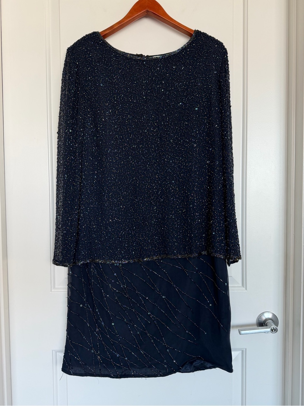 Adrianna Papell 100% Silk Vintage Blue Beaded Iridescent Party Formal Sheer 16 - Picture 2 of 12